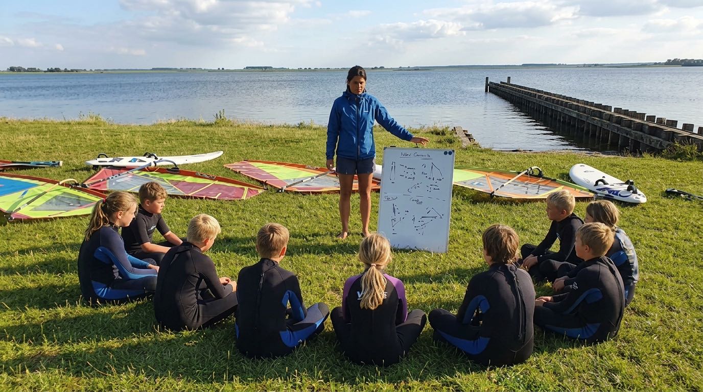 Theorieunterricht beim Kinder-Surfkurs am Müggelsee
