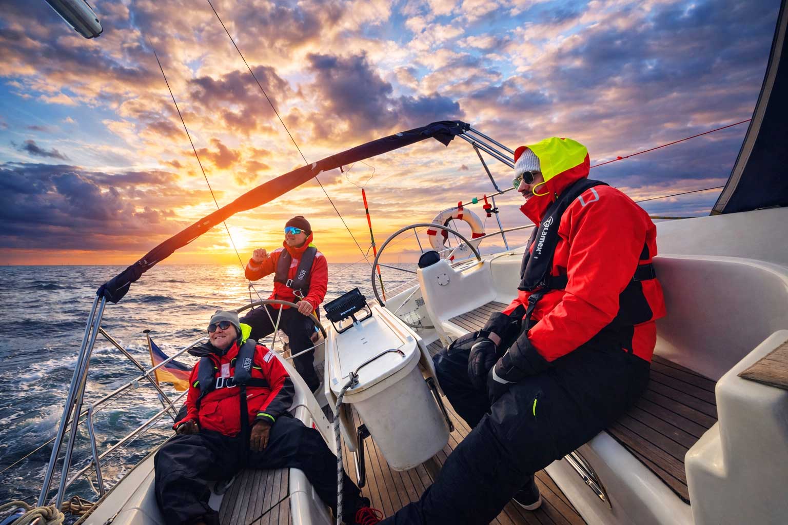 Segelyacht auf der Ostsee bei Sonnenuntergang, Crew im Cockpit auf 2-Tagestörn ab Rostock Hohe Düne