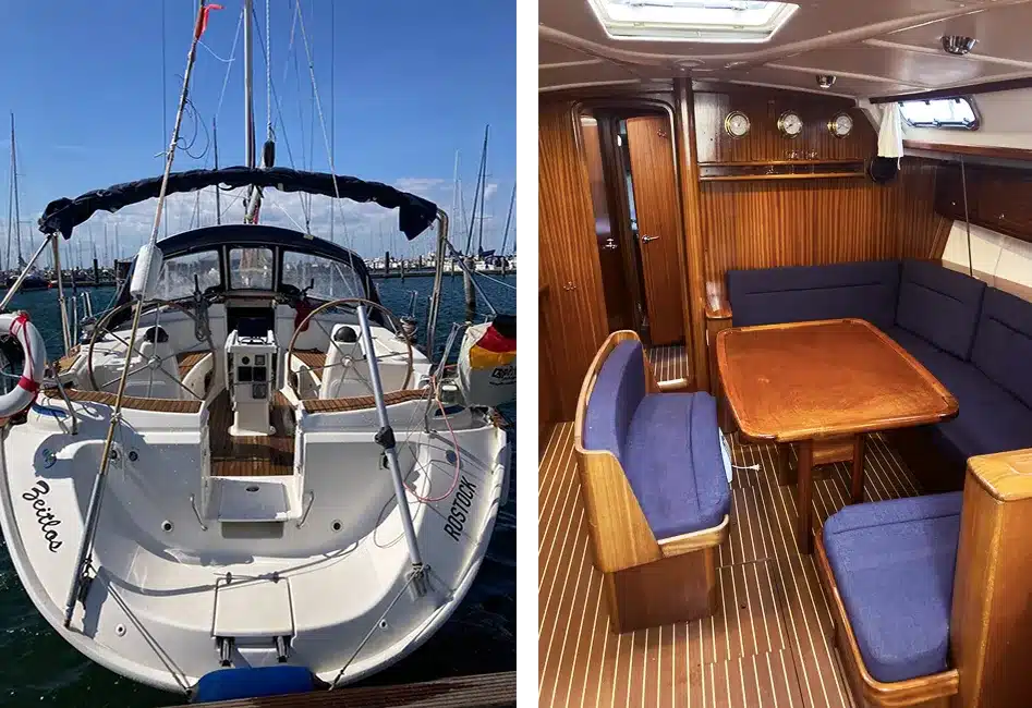 Bavaria Segelyacht 44 im Hafen und Innenraum mit Salon an Bord